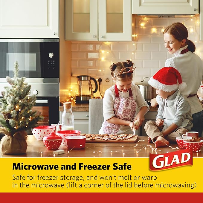 Glad GladWare Holiday Food Storage Containers with Reversible Gift Tags, Large Square BPA Free Plastic for Holiday Cookies and Gifting, Microwave Freezer Dishwasher Safe, 42 Oz, 3 Count