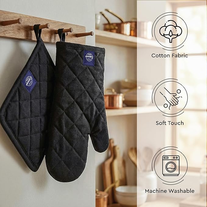 Encasa XO Heat Resistant 100% Cotton Oven Glove & Potholder Set with Loop, Kitchen Cooking Mittens, Microwave Safe Hot Pads (Full Black)