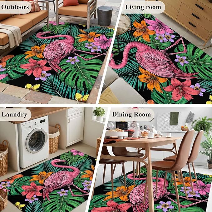 Area Rug 4x6ft, Pink Flamingos Tropical Leaf Washable Rugs for Living Room Bedroom, Colorful Lily Blossom Floral Soft Non-Slip Area Rugs Rectangle Floor Carpet for Dining Room