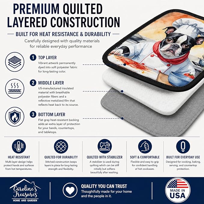 Caroline's Treasures Boston Terrier The Chef Pair of Pot Holders Kitchen Heat Resistant Pot Holders Sets Oven Hot Pads for Cooking Baking BBQ, 7 1/2 x 7 1/2