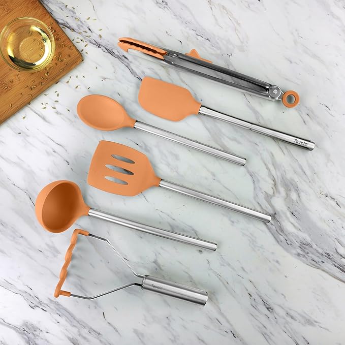 Tovolo Silicone Cooking Utensil Set of 6 Stainless Steel Handle Ladle Slotted Turner Tongs Flex Core Spatula Scraper Mixing Spoon & Potato Masher, Dishwasher Safe BPA Free Utensils, Apricot Orange