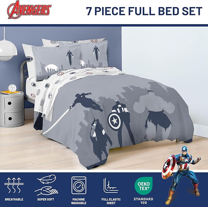 Jay Franco Marvel Avengers Full Size Comforter Set - 7 Piece Bedding Includes Sheet Set & Pillow Covers - Super Soft Cozy Bedding with Captain America, Hulk, Iron Man and Thor