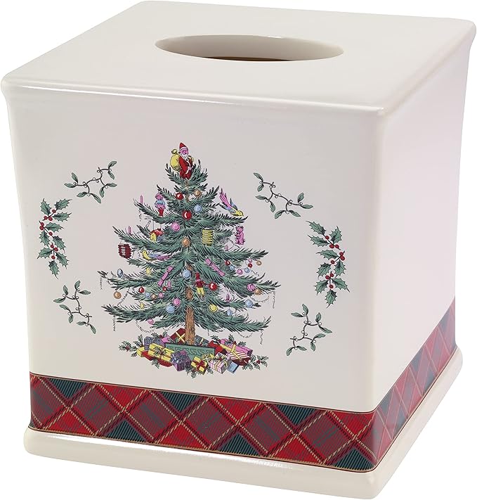 Spode - Tissue Box Cover, Resin Bathroom Accessories, Holiday Bathroom Decor (Spode Christmas Tree Tartan Collection)