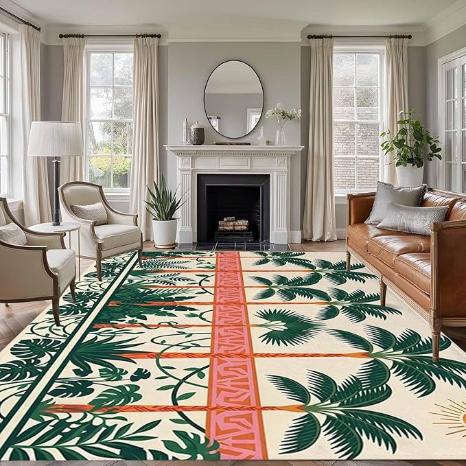 Area Rug 9x12ft, Vintage Sage Green Tall Palm Trees Washable Rugs for Living Room Bedroom Rectangle Floor Carpet, Summer Tropical Plants Soft Non-Slip Area Rugs for Dining Room
