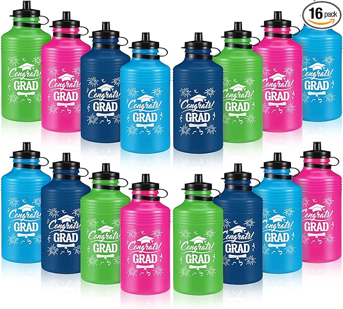 Meanplan 16 Pack Congrats Grad Sports Water Bottles Bulk 17 OZ Graduation Squeeze Plastic Reusable Water Bottles Canteen for Women Men College Graduation Gifts Class of 2026 Party Supplies