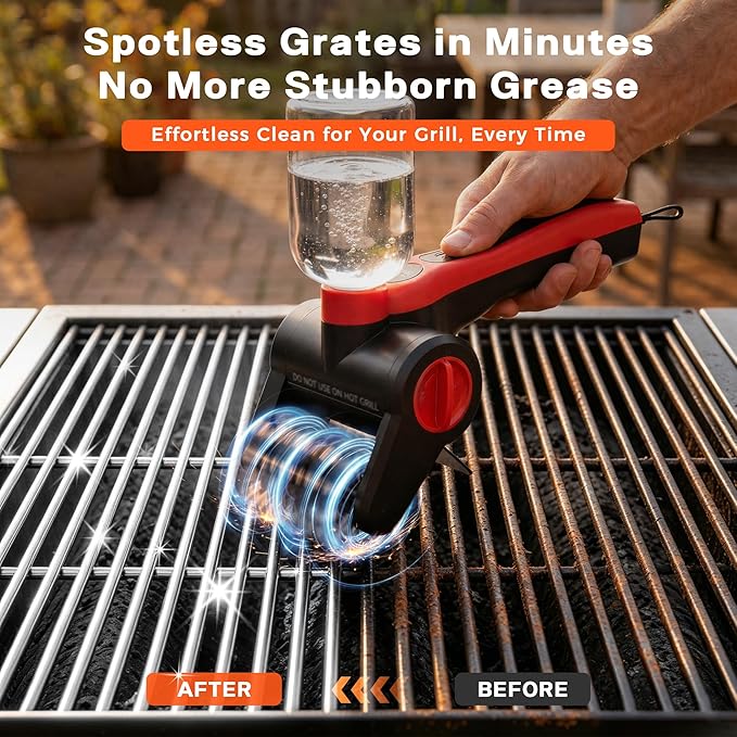 Electric Grill Brush, 100W High Power Cordless BBQ Cleaner with 300ml Water Spray Tank, IPX8 Waterproof Automatic Scrubber for Gas Charcoal Grills, 2-Speed Rechargeable Power Brush with Scraper