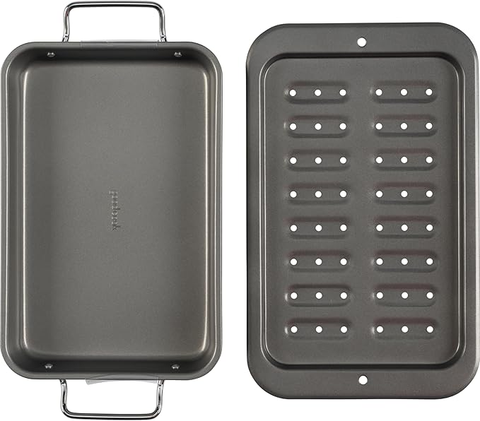 GoodCook Everyday Broiler Baking Pan with Built-in Handles Nonstick Warp-Resistant Heavy-Gauge Steel Construction Even-Heating Oblong Pan with Drip Rack, 7x11-Inch, Gray