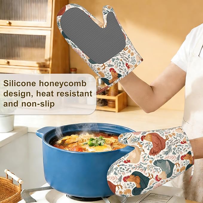 Cute Roosters Chicken Hens Oven Mitts and Pot Holders Set of 4, Heat Resistant Non Slip Plants Kitchen Gloves Hot Pads,Chef Cooking Baking Gifts for Women Bakers,Kitchen Cooking Lover Cooks