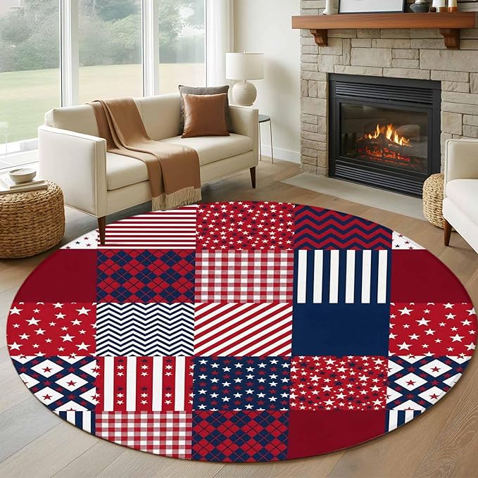 Washable Round Area Rug Abstract Splicing Stars Stripes Circle Rugs Floor Carpet for Living Room Bedroom, Independence Day Red Blue White Soft Non Slip Round Rug 5ft