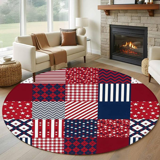 Washable Round Area Rug Abstract Splicing Stars Stripes Circle Rugs Floor Carpet for Living Room Bedroom, Independence Day Red Blue White Soft Non Slip Round Rug 5ft