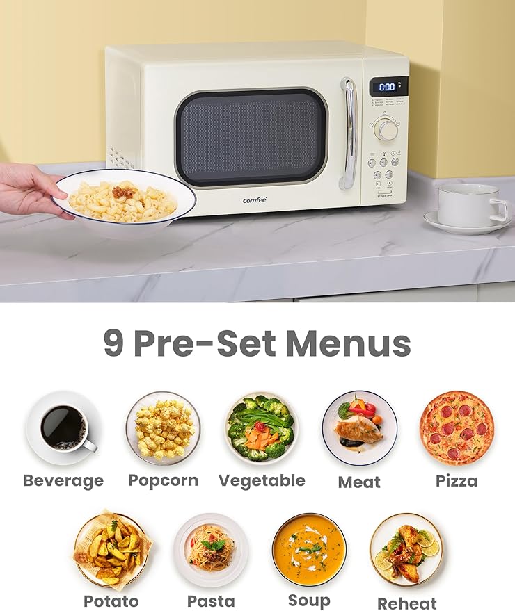 COMFEE' Retro Small Microwave Oven With Compact Size, 9 Preset Menus, Position-Memory Turntable, Mute Function, Countertop Microwave Perfect For Small Spaces, 0.7 Cu Ft/700W, Cream, AM720C2RA-A