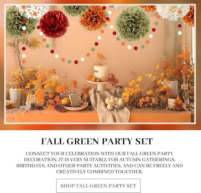 NICROLANDEE Fall Wedding Decorations - 15 PCS Pumpkin Orange Sage Green Ivory Tissue Pom Poms Decor, Dots Paper Garland for Thanksgiving, Baby Shower, Autumn Harvest Party Supplies