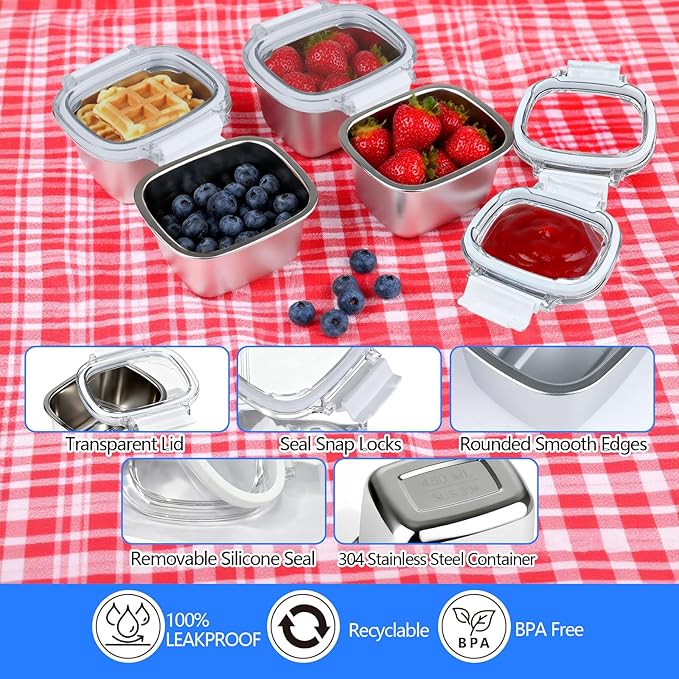 3 Piece Stainless Steel Containers with Lids, 15.25oz Food Storage Containers Leakproof Lunch Small Snack Boxes, Reusable Meal Prep Containers Suitable for Dips, Condiments, Snacks