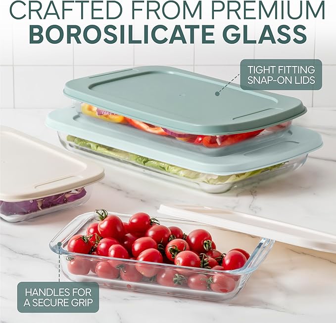 COOK WITH COLOR 8-Piece Deep Glass Baking Dish Set with Plastic Lids – Casserole and Food Storage Containers for Lasagna, Leftovers – Freezer-to-Oven, Microwave & Dishwasher Safe, Mint