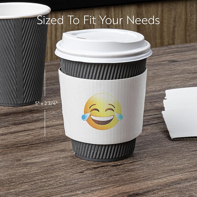 Restaurantware SLEEVES ONLY: Restpresso 5.1 x 2.8 Inch Coffee Cup Sleeves, 50 Corrugated Hot Cup Sleeves - Crying-Laughing Emoji, Heat-Tolerant, White Paper Disposable Coffee Sleeves