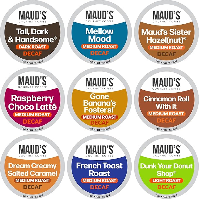 Maud's Decaf Coffee Pods Variety Pack, 80 ct, 9 Assorted Roasts & Flavors, Decaffeinated Medium Roast Coffee in Single Serve Pods - 100% Arabica Coffee, Compatible with Keurig K Cups Maker