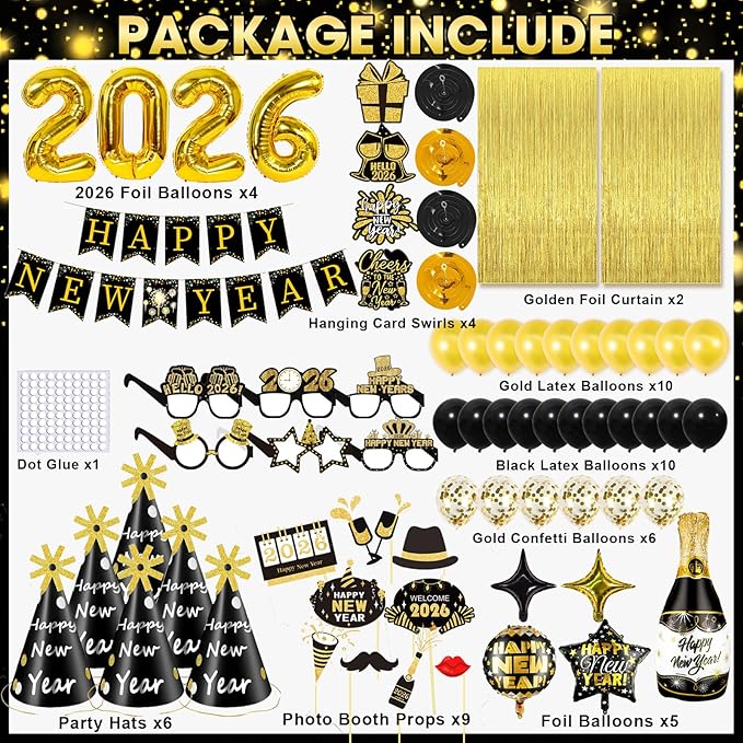 New Years Eve Party Supplies 2026 New Years Decorations 2026 Happy New Year Decorations Eve Party Decorations, Hats & Glasses, Photo Props, Happy New Year Banner Foil Balloon Curtain Hanging Swirls