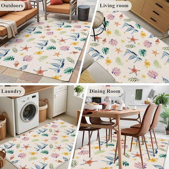 Area Rug 4x6ft, Summer Sea Starfish Sailboat Washable Rugs for Living Room Bedroom, Marine Life Coral on Linen Soft Non-Slip Area Rugs Rectangle Floor Carpet for Dining Room