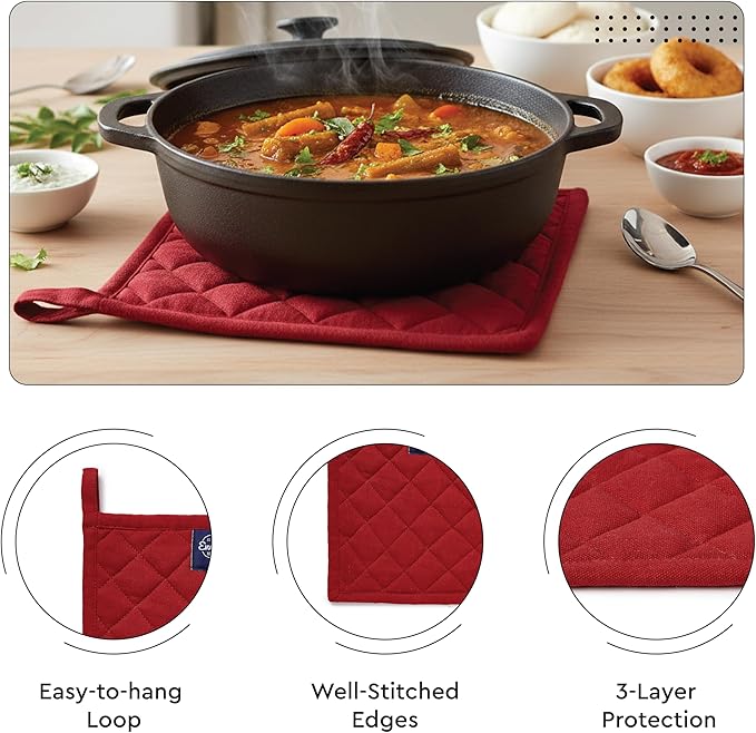 Encasa XO Heat Resistant 100% Cotton Oven Glove & Potholder Set with Loop, Kitchen Cooking Mittens, Microwave Safe Hot Pads (Red)