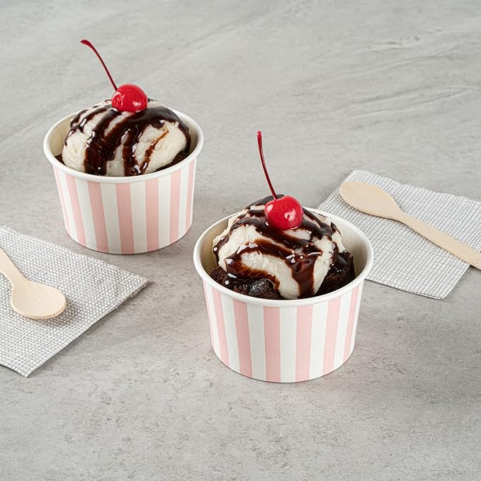 Coppetta 5-Ounce Dessert Cups, 50 Disposable Ice Cream Cups - Lids Sold Separately, Striped, Pink And White Paper FroYo Bowls, For Hot And Cold Foods, Perfect For Gelato Or Mousse - Restaurantware