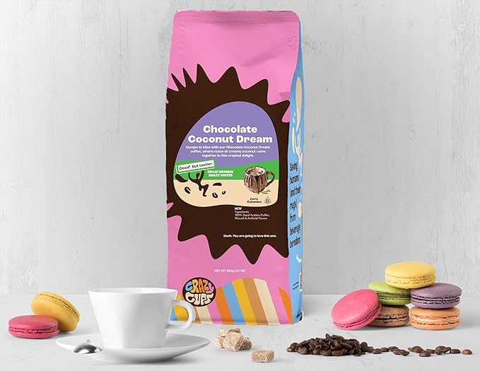 Crazy Cups Decaf Flavored Chocolate Ground Coffee, Decaffeinated Chocolate Coconut Dream Coffee in 10 oz Bag, For Brewing Hot or Iced (Pack of 2)