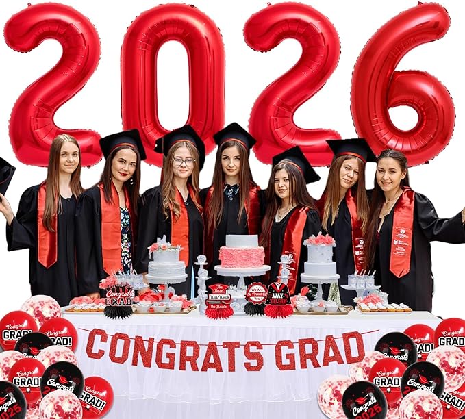 Giant Red 2026 Balloons, 40" Large Red 2026 Balloons Helium Mylar Foil Balloons for 2026 New Year Graduation Christmas Party Decoration