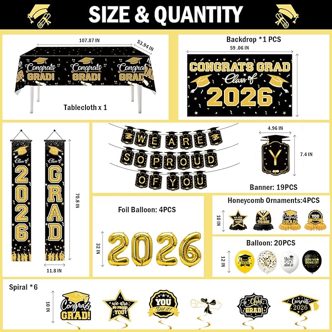 Graduation Decorations 2026 Themed Set - All-in-One Party Supplies with Backdrop & Tablecloth, Congrats Grad Banner for High School College Class of 2026 Decor