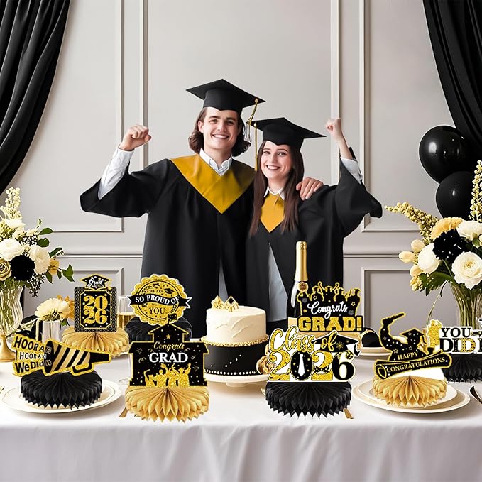 2026 Graduation Party Decorations - 8 Pcs Black Gold Class of 2026 Graduation Party Decor Honeycomb Centerpieces for Tables Congratulate for 2026 Congrats Grad Party Supplies