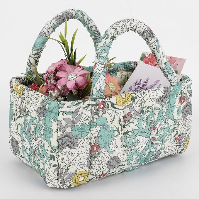 Quilted Fabric Storage Basket Floral Baby Diaper Caddy Quilted Basket for Nursery Bedroom Car Storage