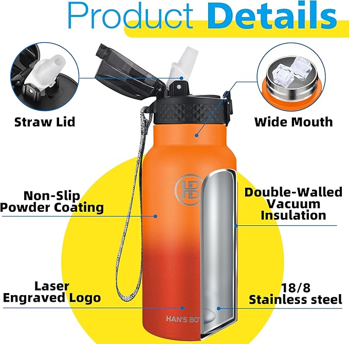 Han's Bottle Kids Water Bottle with Straw Lid - Insulated Stainless Steel Reusable Tumbler for Girls,Boys,Thermo Mug,17oz,Fire