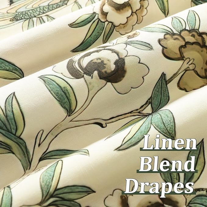 Leeva Floral Print Short Window Curtains, Farmhouse Style Soft Faux Linen Half Cafe Curtains, Protect Privacy for Kitchen Bedroom Living Room, W 30 x L 36, Green & Beige