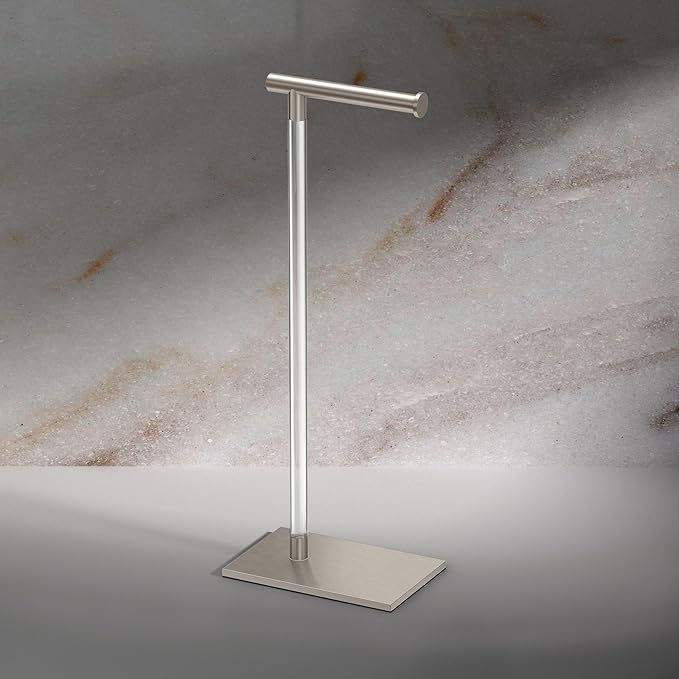 Gatco 1331SN Toilet Paper Holder Stand, Satin Nickel, Acrylic Post, Weighted Base, Freestanding Bathroom Floor Stand, 22.25 Inch
