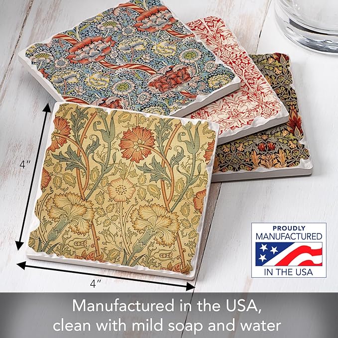 Thirstystone William Morris Textiles 4 Pack Assorted Tumbled Tile Stone Coasters with Protective Cork Backing Manufactured in The USA Absorbent Easily Wipes Clean