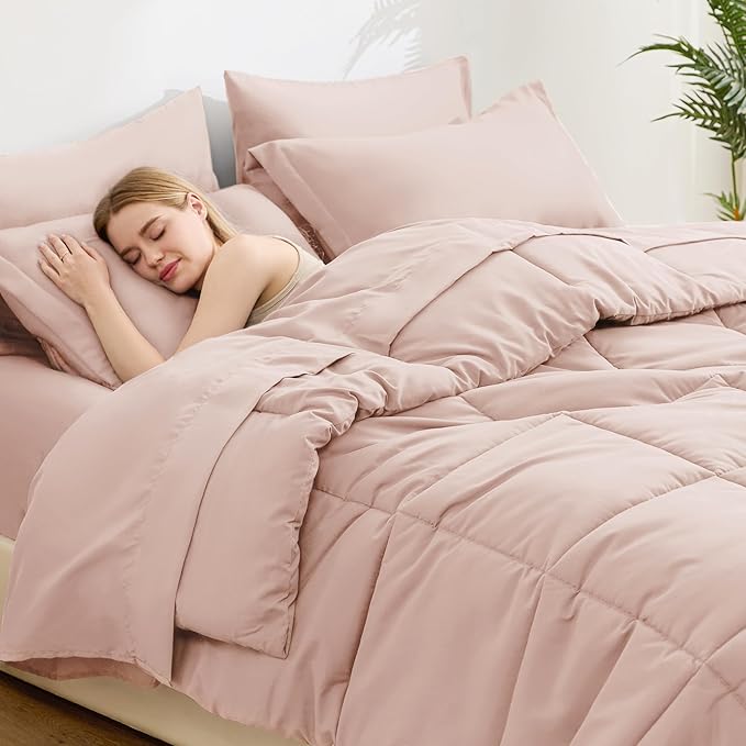 Love's cabin King Size Comforter Set Blush Pink, 7 Pieces King Bed in a Bag, All Season Bedding Sets with 1 Comforter, 1 Flat Sheet, 1 Fitted Sheet, 2 Pillowcase and 2 Pillow Sham | Soft, Breathable, Lightweight, Comfortable