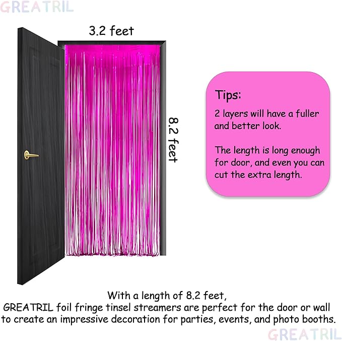 Hot Pink Party Streamers Backdrop - GREATRIL Shiny Fuchsia Tinsel Foil Fringe Curtain for Birthday/Flamingo/Fancy/Galentine/Breast Cancer Awareness Decorations - 3.2ft X 8.2ft - 2 Packs