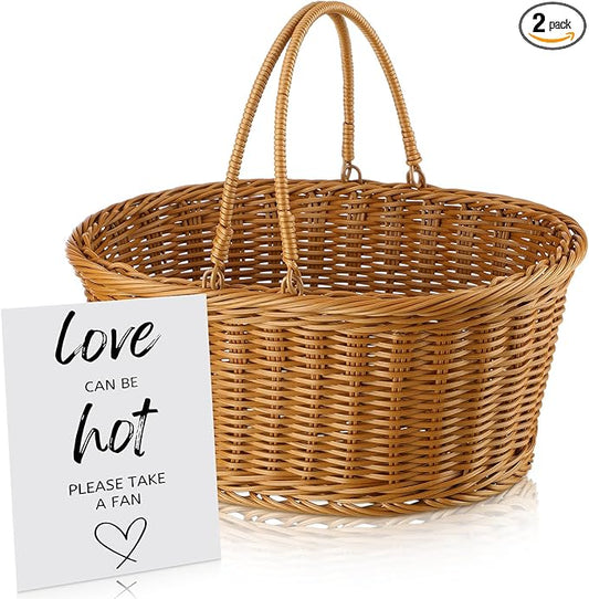 AceOrbit Wedding Fans Storage Basket with Handle " Love Can Be Hot Please Take a Fan" Table Sign Handwoven Natural Wicker Rattan Storage Basket for Organizing Bridal Shower Wedding Fans for Guests