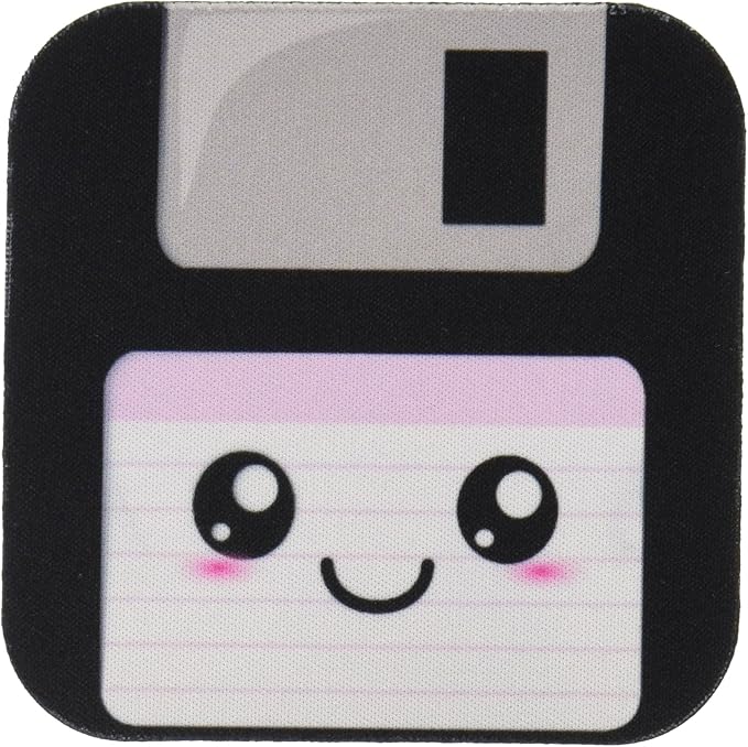 3dRose CST_57453_1 Kawaii Cute Happy Floppy Disk Retro Computer Nerd Japanese Anime Smiley Cartoon with Pink Label Soft Coasters (Set of 4)