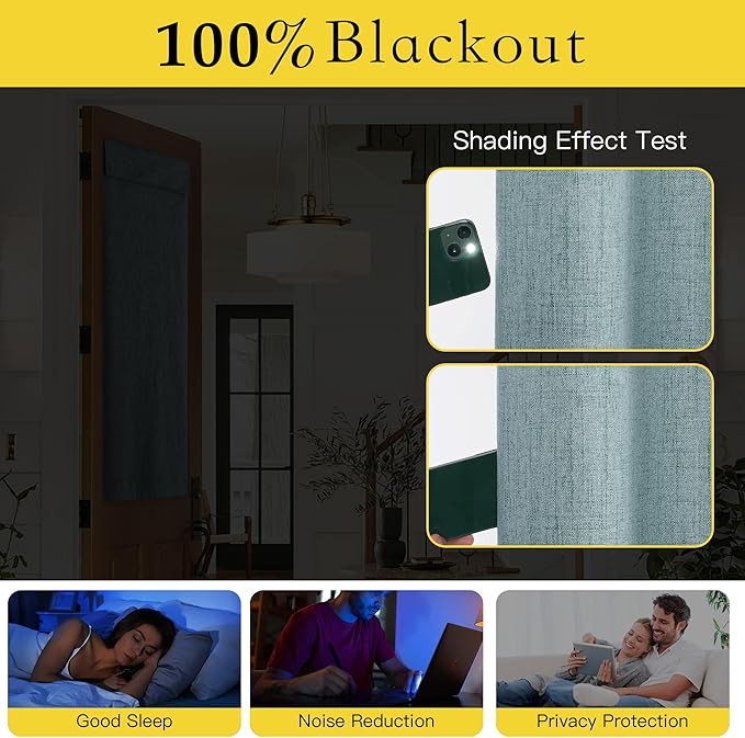 NICETOWN 100% Blackout Door Curtains 50 inches Long, Linen Thermal Insulating Privacy French Door Window Tie Up Shades Sidelight Curtains for Kitchen, W26 x L50 inches, Skylark Blue, 1 Panel