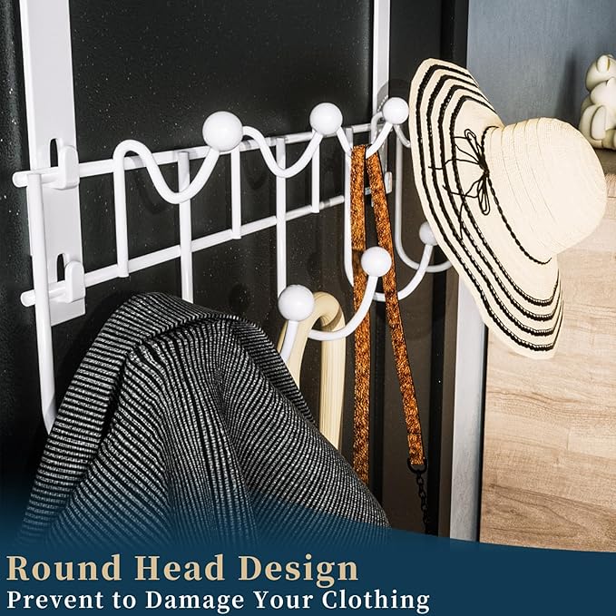 Consumest Over The Door Organizer Hooks, Door Hanger with 9 Coat Hooks & 2 Mesh Basket, Rustproof Back Storage Organizer for Bathroom, Kitchen, Bedroom-White (for 1.76in Doors)