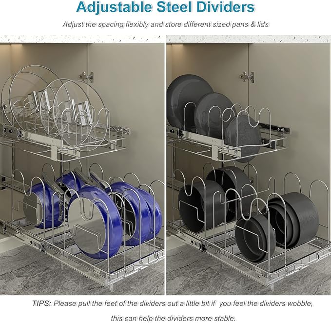 TQVAI Pots and Pans Organizer, Full-Extension Pull Out Cabinet Organizer, Slide Out Drawers for Kitchen Cabinets with Adjustable Dividers, Request at Least 15.5" W x 23.5" D x 23.5" H Opening - Chrome