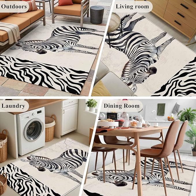 Area Rug 4x6ft, Zebra Black Stripe Animal Portrait Washable Rugs for Living Room Bedroom, Vintage Tree Branch Soft Non-Slip Area Rugs Rectangle Floor Carpet for Dining Room