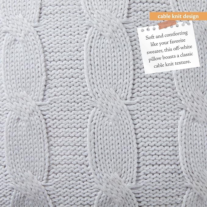 Indigo Ink Off-White Cable Knit Decorative Pillow - 20" x 20" | Square Throw Cushion for Couch, Chair, Bed | Textured Knitted Cover | Cozy Classic Home Decor | Soft Plush Filling | Panther Collection