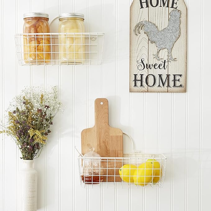 DII Farmhouse Vintage Decor, Wire Wall Basket, Small, Antique White, 2 Piece