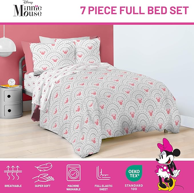 Disney Minnie Mouse Full Sized Comforter Set - 7 Piece Bedding Includes Sheet Set & Pillow Covers - Super Soft Cozy Pink Mandala Bedding