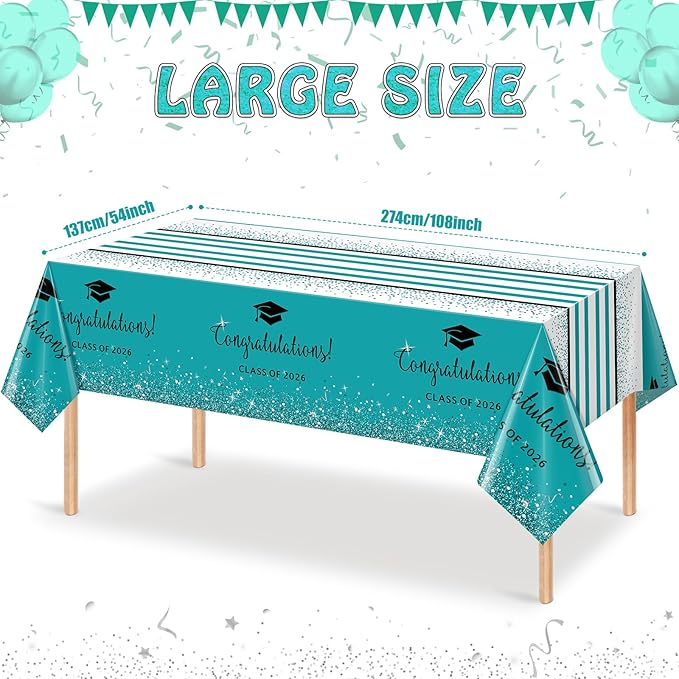 6 Pack Class of 2026 Graduation Tablecloths,Foil Dot Plastic Disposable Rectangle Table Covers for 2026 High School University College Graduation Party Decorations,108*54 Inch (Teal and Black)