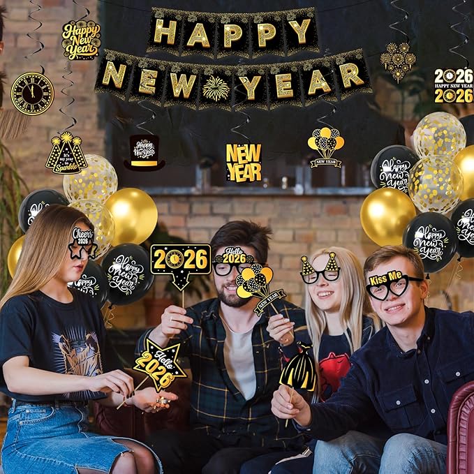 New Years Eve Party Supplies 2026, Black and Gold Happy New Year Decorations with Pre-Assembled Banner, Hanging Swirls, Balloons, Photo Booth Props and Glasses, NYE Party Decor for Home Countdown