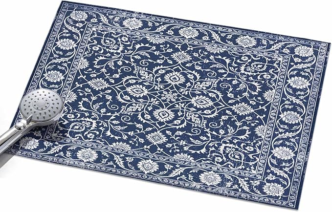 Area Rug 2x3ft, Navy Blue Paisley Floral Texture Washable Rugs for Living Room Bedroom, Vintage Tribe Flower Soft Non-Slip Area Rugs Rectangle Floor Carpet for Dining Room