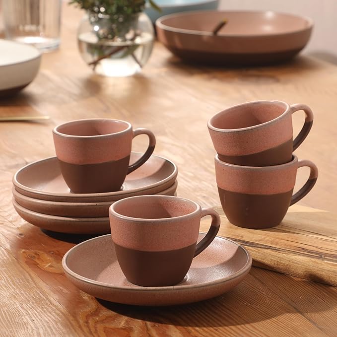 Gibson Elite William Crest 8 Piece Cup & Saucer Set, 4 Stoneware Cups & 4 Saucers, Reactive Glaze Finish, 3.5oz Espresso Cups, 5.5” Saucers, Round Coffee Set, Microwave & Dishwasher Safe - Pink