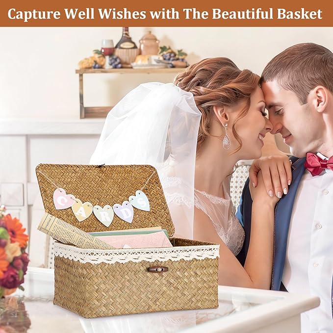 Hipiwe Wedding Card Basket Box Handwoven Seagrass Basket Bin with Letter Flag Wedding Favors Post Box Reception Card Holder for Party, Birthday, Graduation, Baby & Bridal Shower