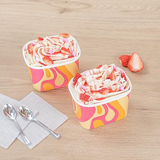 Restaurantware Paper Cups 50 Count 12 Ounce Square Disposable Ice Cream Containers, Leak-Resistant Paper Dessert To Go Cups, Hot And Cold Food, Durable Tropical Twist Design